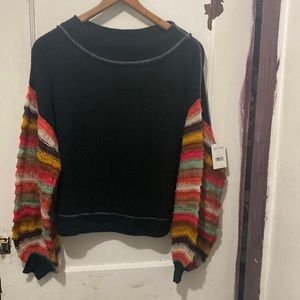 Free People Black Sweater with Multicolor Sleeves